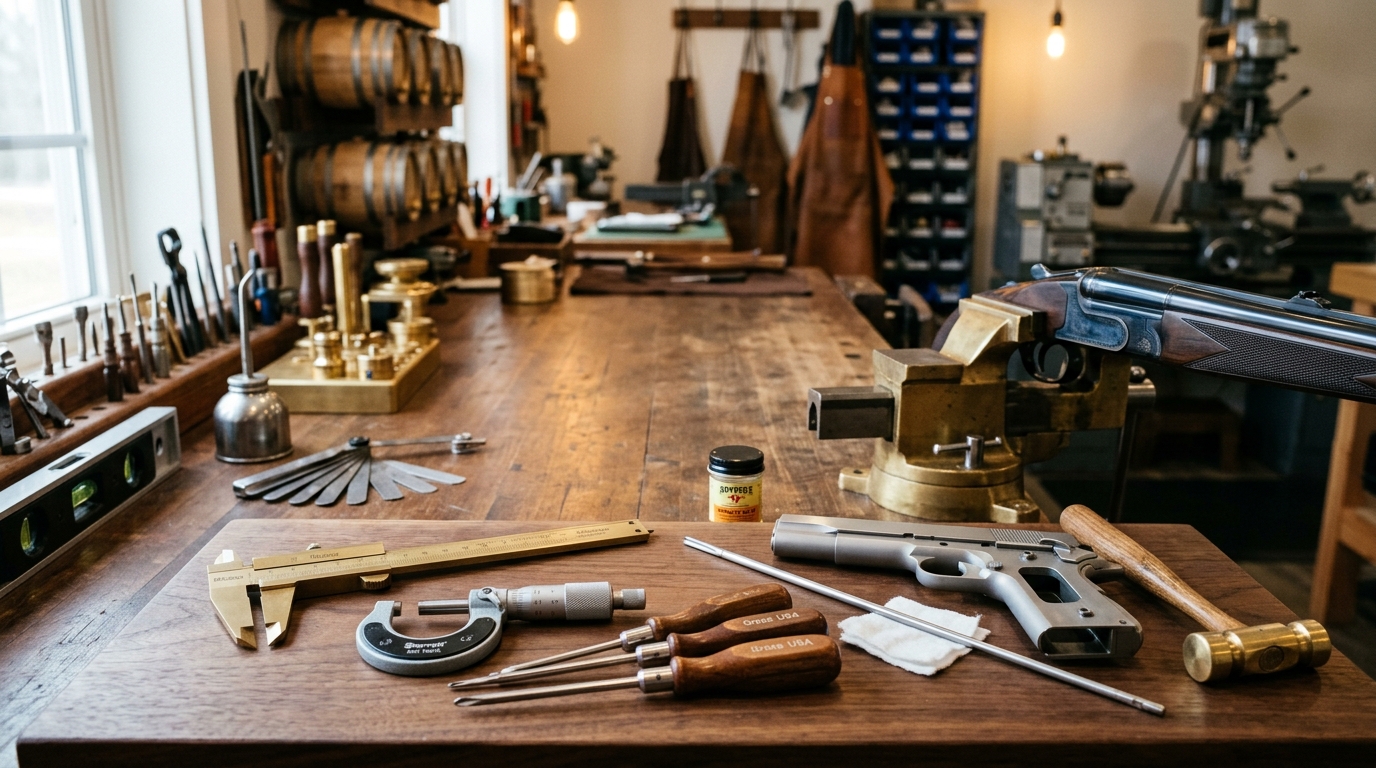 Mondal Precision gunsmithing workbench with precision calipers, micrometers, and firearm maintenance tools