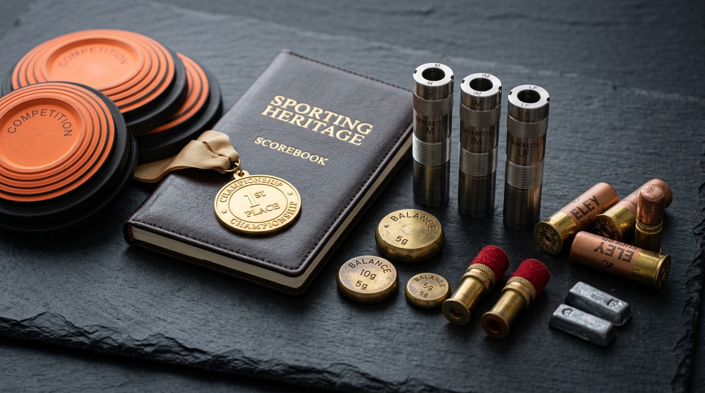 Sporting shooting heritage still life with clay target discs, shotgun chokes, gold medal, and balance weights